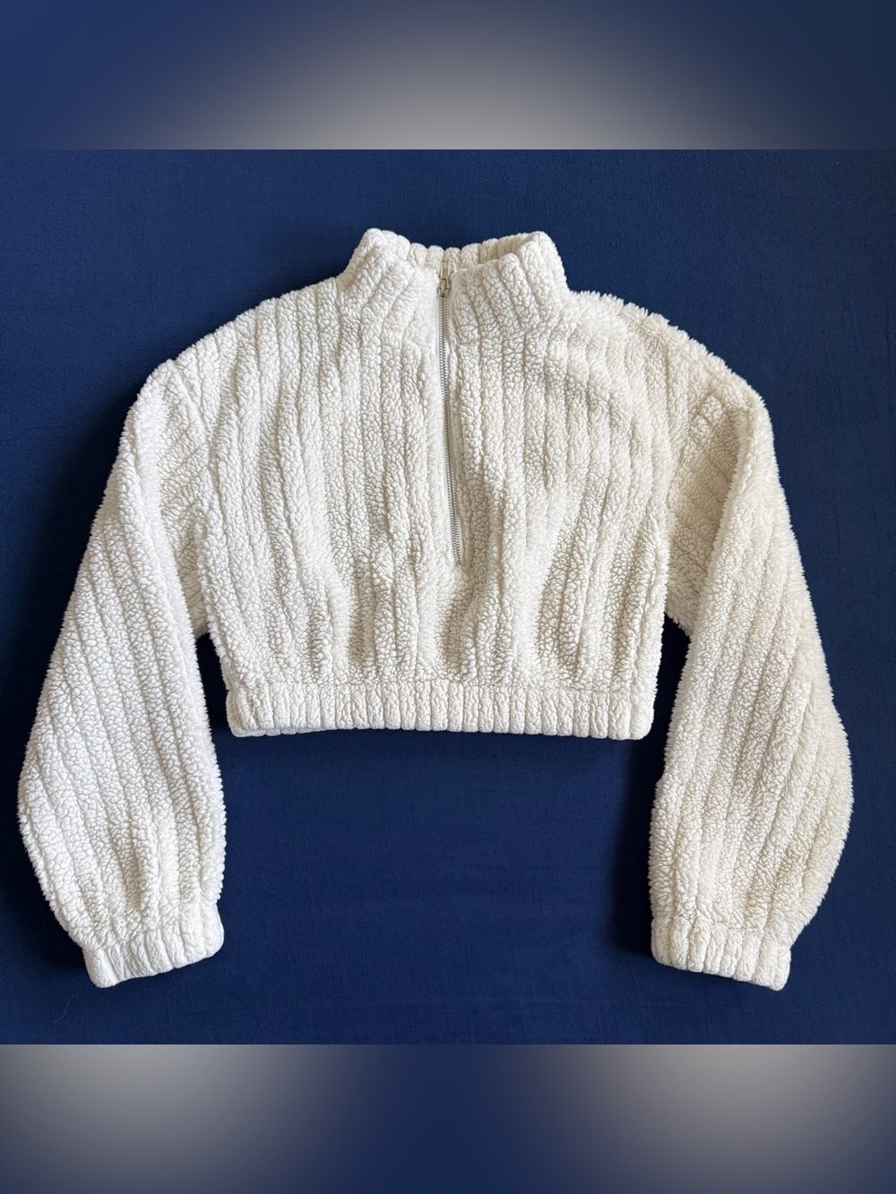 Shein Cream Teddy Bear Fleece Quarter-Zip Crop Top